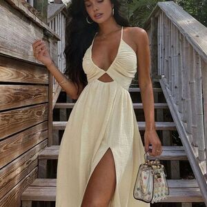 Commense Cutout‎ High-Slit Beige Midi Dress Size M